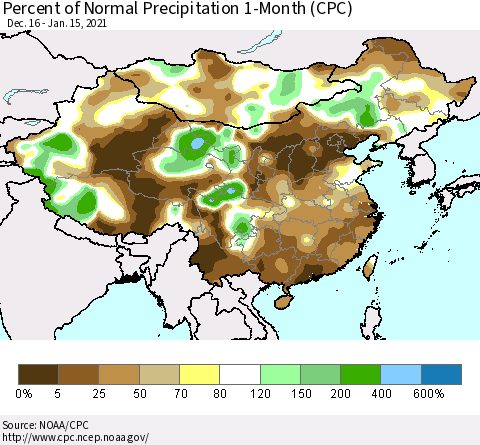 China, Mongolia and Taiwan Percent of Normal Precipitation 1-Month (CPC) Thematic Map For 12/16/2020 - 1/15/2021