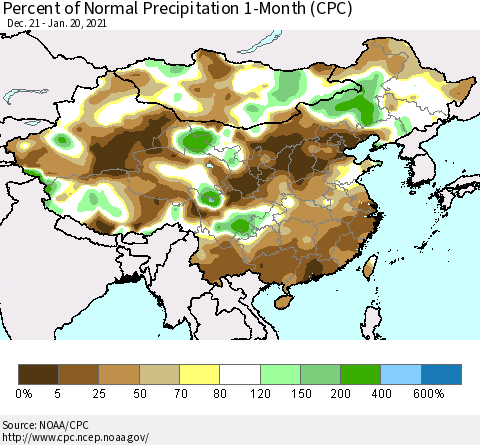 China, Mongolia and Taiwan Percent of Normal Precipitation 1-Month (CPC) Thematic Map For 12/21/2020 - 1/20/2021