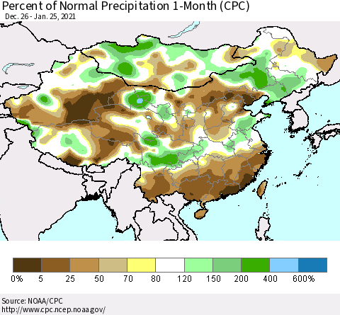 China, Mongolia and Taiwan Percent of Normal Precipitation 1-Month (CPC) Thematic Map For 12/26/2020 - 1/25/2021