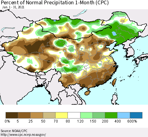China, Mongolia and Taiwan Percent of Normal Precipitation 1-Month (CPC) Thematic Map For 1/1/2021 - 1/31/2021