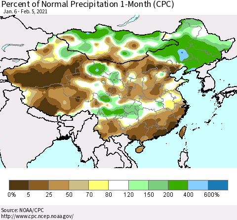 China, Mongolia and Taiwan Percent of Normal Precipitation 1-Month (CPC) Thematic Map For 1/6/2021 - 2/5/2021