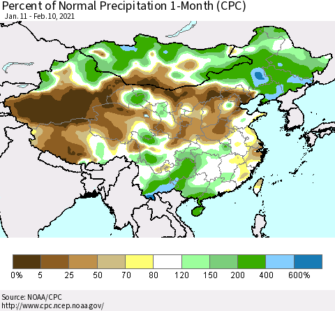 China, Mongolia and Taiwan Percent of Normal Precipitation 1-Month (CPC) Thematic Map For 1/11/2021 - 2/10/2021