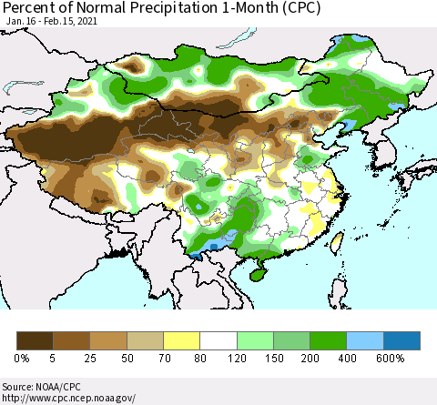 China, Mongolia and Taiwan Percent of Normal Precipitation 1-Month (CPC) Thematic Map For 1/16/2021 - 2/15/2021
