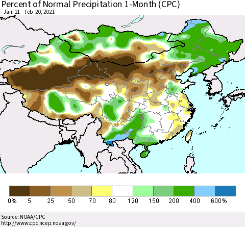 China, Mongolia and Taiwan Percent of Normal Precipitation 1-Month (CPC) Thematic Map For 1/21/2021 - 2/20/2021