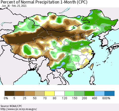 China, Mongolia and Taiwan Percent of Normal Precipitation 1-Month (CPC) Thematic Map For 1/26/2021 - 2/25/2021