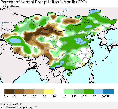 China, Mongolia and Taiwan Percent of Normal Precipitation 1-Month (CPC) Thematic Map For 2/1/2021 - 2/28/2021