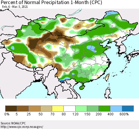 China, Mongolia and Taiwan Percent of Normal Precipitation 1-Month (CPC) Thematic Map For 2/6/2021 - 3/5/2021