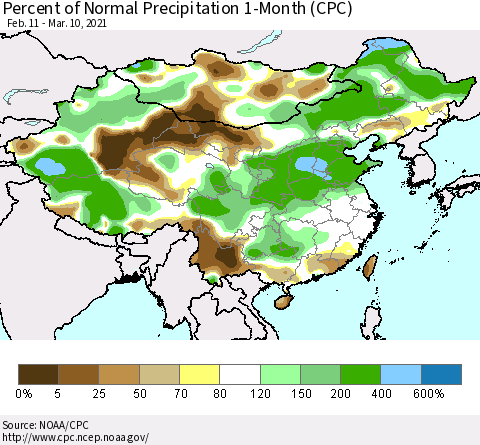 China, Mongolia and Taiwan Percent of Normal Precipitation 1-Month (CPC) Thematic Map For 2/11/2021 - 3/10/2021