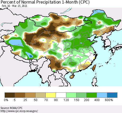 China, Mongolia and Taiwan Percent of Normal Precipitation 1-Month (CPC) Thematic Map For 2/16/2021 - 3/15/2021