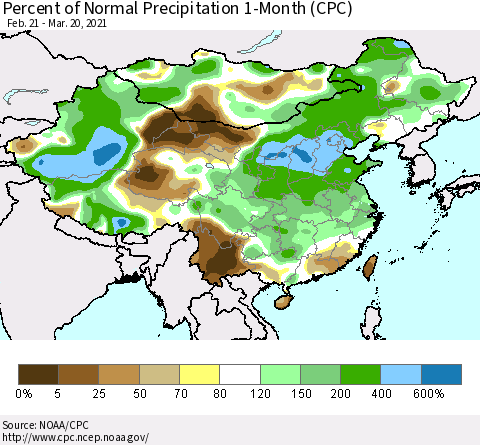 China, Mongolia and Taiwan Percent of Normal Precipitation 1-Month (CPC) Thematic Map For 2/21/2021 - 3/20/2021