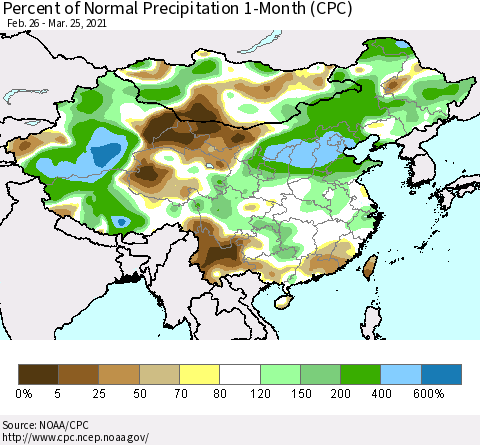 China, Mongolia and Taiwan Percent of Normal Precipitation 1-Month (CPC) Thematic Map For 2/26/2021 - 3/25/2021