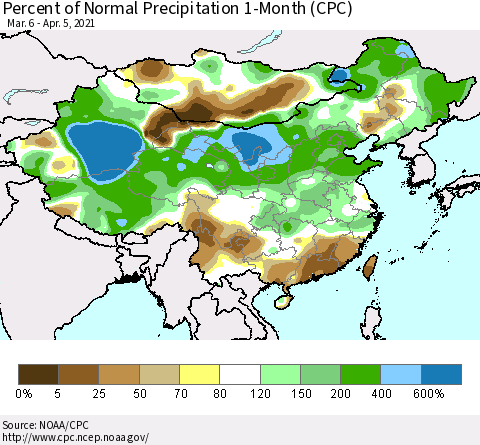 China, Mongolia and Taiwan Percent of Normal Precipitation 1-Month (CPC) Thematic Map For 3/6/2021 - 4/5/2021