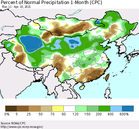 China, Mongolia and Taiwan Percent of Normal Precipitation 1-Month (CPC) Thematic Map For 3/11/2021 - 4/10/2021