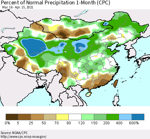 China, Mongolia and Taiwan Percent of Normal Precipitation 1-Month (CPC) Thematic Map For 3/16/2021 - 4/15/2021