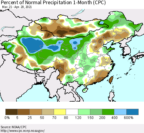 China, Mongolia and Taiwan Percent of Normal Precipitation 1-Month (CPC) Thematic Map For 3/21/2021 - 4/20/2021