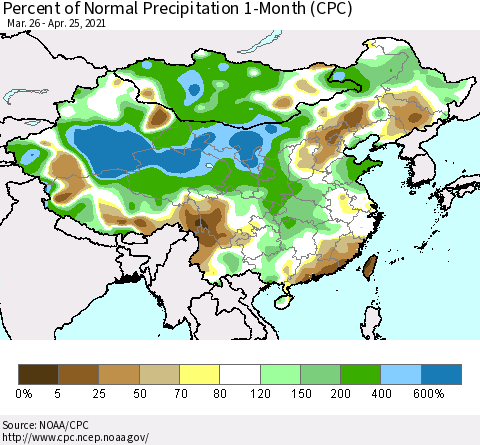 China, Mongolia and Taiwan Percent of Normal Precipitation 1-Month (CPC) Thematic Map For 3/26/2021 - 4/25/2021