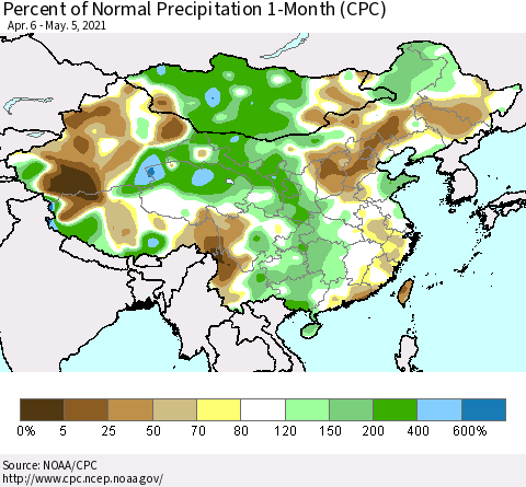 China, Mongolia and Taiwan Percent of Normal Precipitation 1-Month (CPC) Thematic Map For 4/6/2021 - 5/5/2021