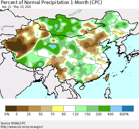 China, Mongolia and Taiwan Percent of Normal Precipitation 1-Month (CPC) Thematic Map For 4/11/2021 - 5/10/2021