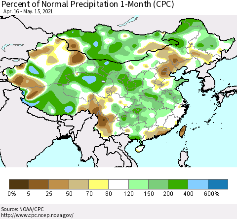China, Mongolia and Taiwan Percent of Normal Precipitation 1-Month (CPC) Thematic Map For 4/16/2021 - 5/15/2021