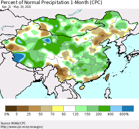 China, Mongolia and Taiwan Percent of Normal Precipitation 1-Month (CPC) Thematic Map For 4/21/2021 - 5/20/2021