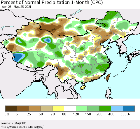 China, Mongolia and Taiwan Percent of Normal Precipitation 1-Month (CPC) Thematic Map For 4/26/2021 - 5/25/2021