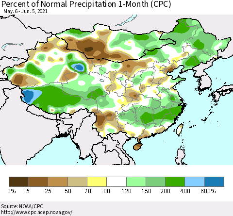 China, Mongolia and Taiwan Percent of Normal Precipitation 1-Month (CPC) Thematic Map For 5/6/2021 - 6/5/2021