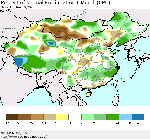 China, Mongolia and Taiwan Percent of Normal Precipitation 1-Month (CPC) Thematic Map For 5/11/2021 - 6/10/2021