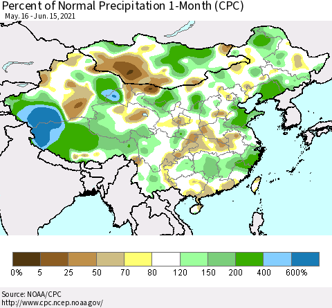 China, Mongolia and Taiwan Percent of Normal Precipitation 1-Month (CPC) Thematic Map For 5/16/2021 - 6/15/2021