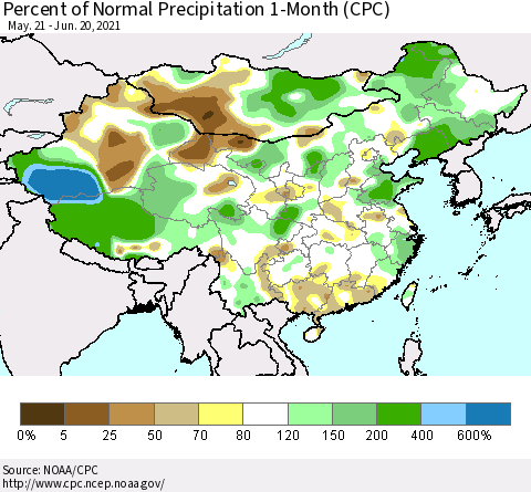 China, Mongolia and Taiwan Percent of Normal Precipitation 1-Month (CPC) Thematic Map For 5/21/2021 - 6/20/2021