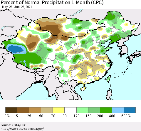 China, Mongolia and Taiwan Percent of Normal Precipitation 1-Month (CPC) Thematic Map For 5/26/2021 - 6/25/2021