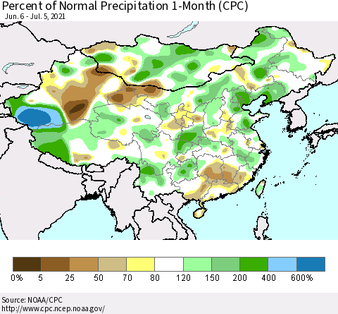 China, Mongolia and Taiwan Percent of Normal Precipitation 1-Month (CPC) Thematic Map For 6/6/2021 - 7/5/2021