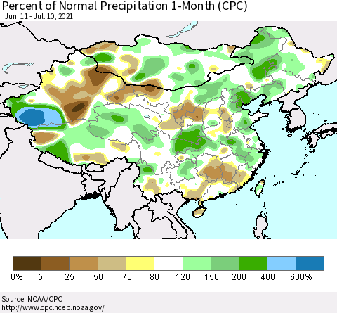 China, Mongolia and Taiwan Percent of Normal Precipitation 1-Month (CPC) Thematic Map For 6/11/2021 - 7/10/2021