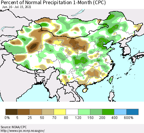 China, Mongolia and Taiwan Percent of Normal Precipitation 1-Month (CPC) Thematic Map For 6/16/2021 - 7/15/2021