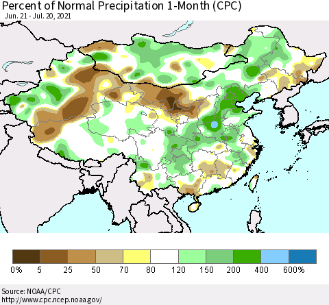 China, Mongolia and Taiwan Percent of Normal Precipitation 1-Month (CPC) Thematic Map For 6/21/2021 - 7/20/2021