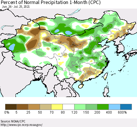 China, Mongolia and Taiwan Percent of Normal Precipitation 1-Month (CPC) Thematic Map For 6/26/2021 - 7/25/2021