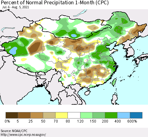 China, Mongolia and Taiwan Percent of Normal Precipitation 1-Month (CPC) Thematic Map For 7/6/2021 - 8/5/2021