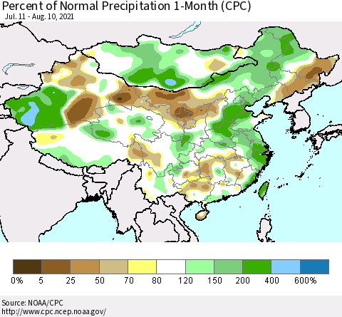 China, Mongolia and Taiwan Percent of Normal Precipitation 1-Month (CPC) Thematic Map For 7/11/2021 - 8/10/2021