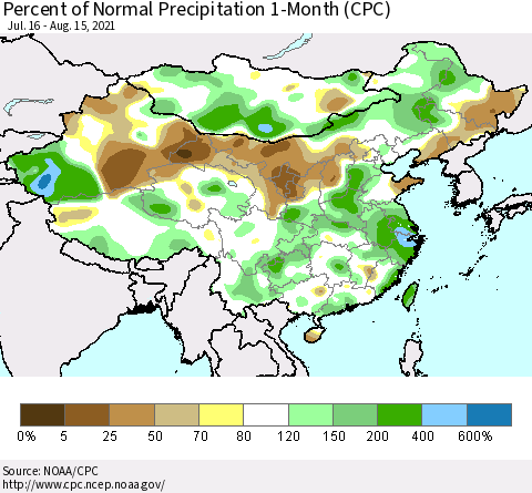 China, Mongolia and Taiwan Percent of Normal Precipitation 1-Month (CPC) Thematic Map For 7/16/2021 - 8/15/2021