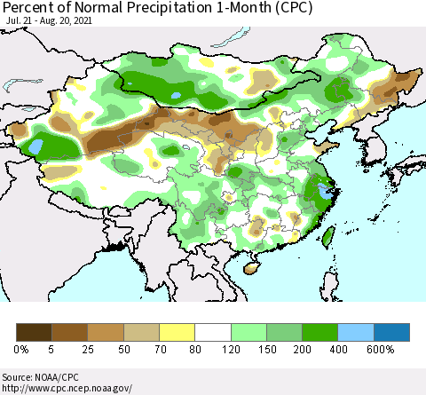 China, Mongolia and Taiwan Percent of Normal Precipitation 1-Month (CPC) Thematic Map For 7/21/2021 - 8/20/2021