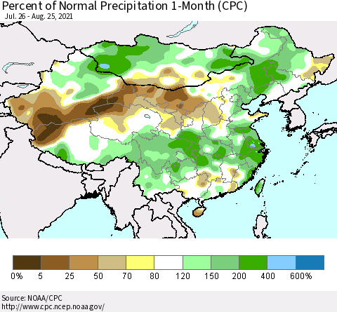 China, Mongolia and Taiwan Percent of Normal Precipitation 1-Month (CPC) Thematic Map For 7/26/2021 - 8/25/2021