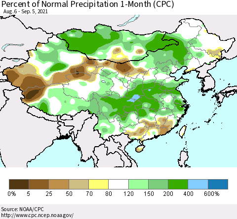 China, Mongolia and Taiwan Percent of Normal Precipitation 1-Month (CPC) Thematic Map For 8/6/2021 - 9/5/2021