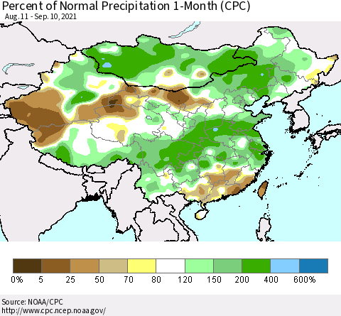 China, Mongolia and Taiwan Percent of Normal Precipitation 1-Month (CPC) Thematic Map For 8/11/2021 - 9/10/2021