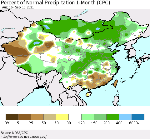 China, Mongolia and Taiwan Percent of Normal Precipitation 1-Month (CPC) Thematic Map For 8/16/2021 - 9/15/2021