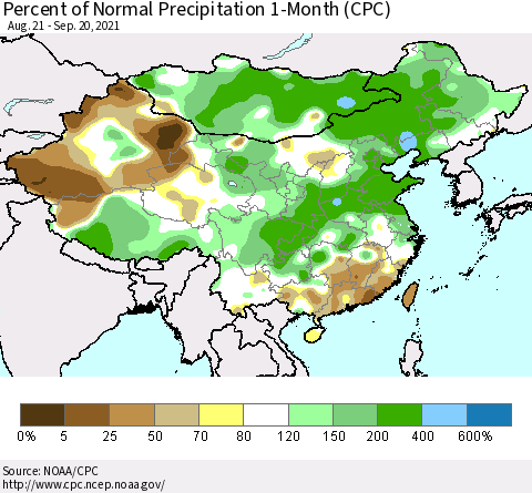 China, Mongolia and Taiwan Percent of Normal Precipitation 1-Month (CPC) Thematic Map For 8/21/2021 - 9/20/2021