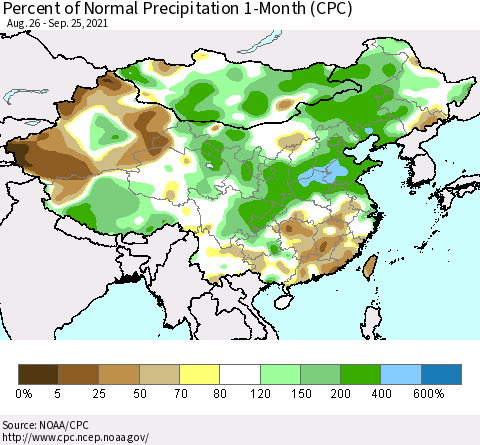 China, Mongolia and Taiwan Percent of Normal Precipitation 1-Month (CPC) Thematic Map For 8/26/2021 - 9/25/2021