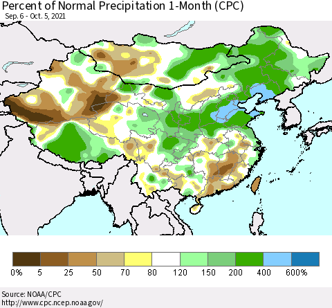 China, Mongolia and Taiwan Percent of Normal Precipitation 1-Month (CPC) Thematic Map For 9/6/2021 - 10/5/2021
