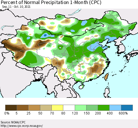 China, Mongolia and Taiwan Percent of Normal Precipitation 1-Month (CPC) Thematic Map For 9/11/2021 - 10/10/2021