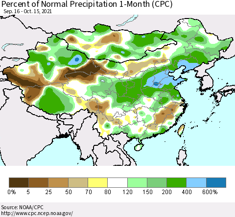 China, Mongolia and Taiwan Percent of Normal Precipitation 1-Month (CPC) Thematic Map For 9/16/2021 - 10/15/2021