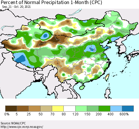 China, Mongolia and Taiwan Percent of Normal Precipitation 1-Month (CPC) Thematic Map For 9/21/2021 - 10/20/2021