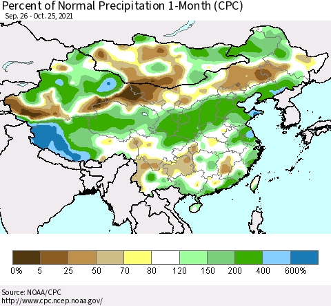 China, Mongolia and Taiwan Percent of Normal Precipitation 1-Month (CPC) Thematic Map For 9/26/2021 - 10/25/2021